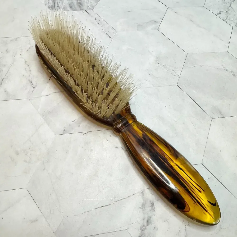 Vintage Amber Lucite Hair Brush Faux Tortoise Shell Nylon Bristles Floral Enamel